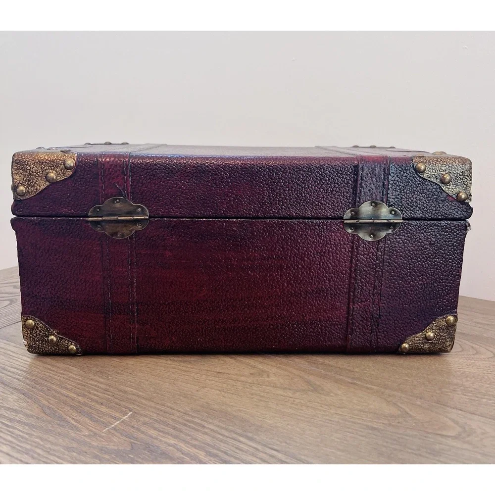 Vintage 90s Burgundy Faux Leather Decorative Trunk Storage Chest Brass Accents